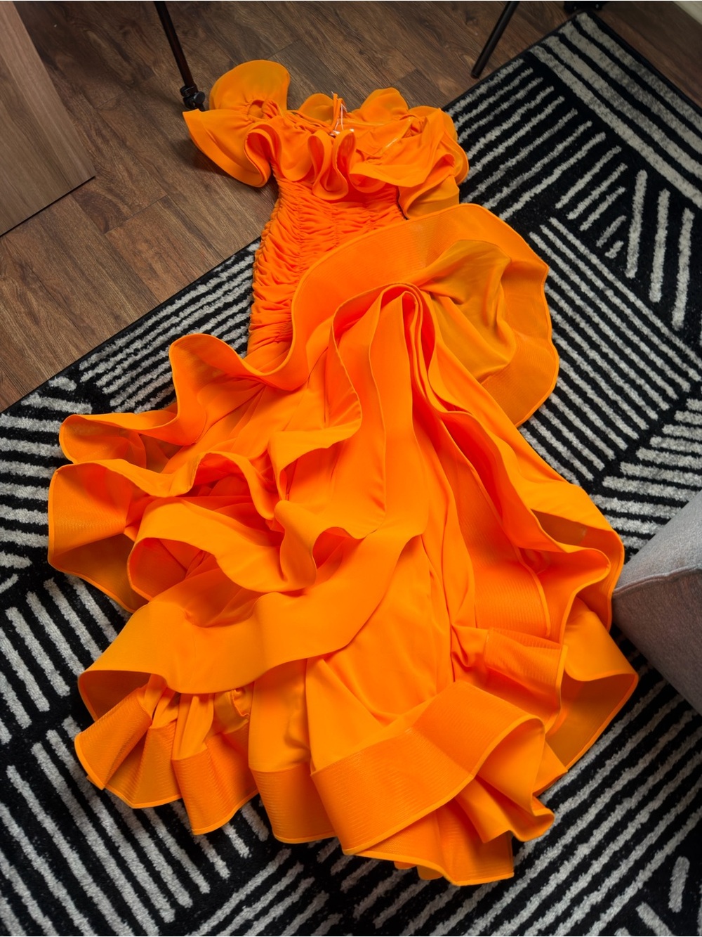 Orange Ruffled Off-Shoulder Evening Gown - Picture 2 of 3